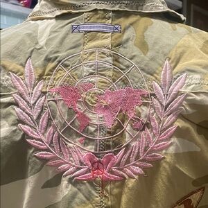 Johnny Was Camouflage workshop top with Pink Embroidery